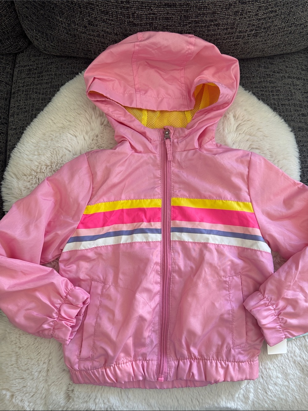 Pink Platinum Size 4 Girls' Pink Hooded Windbreaker Jacket with Rainbow Stripes